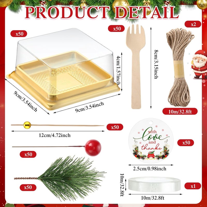 Maxdot 300 Pcs/50 Set Christmas Small Bakery Boxes with Clear Lids, Disposable Mini Dessert Box with Forks Cocktail Picks Thanks Tags, Square Cupcake Containers Xmas Party Favors for Macaron Muffins - Image 2